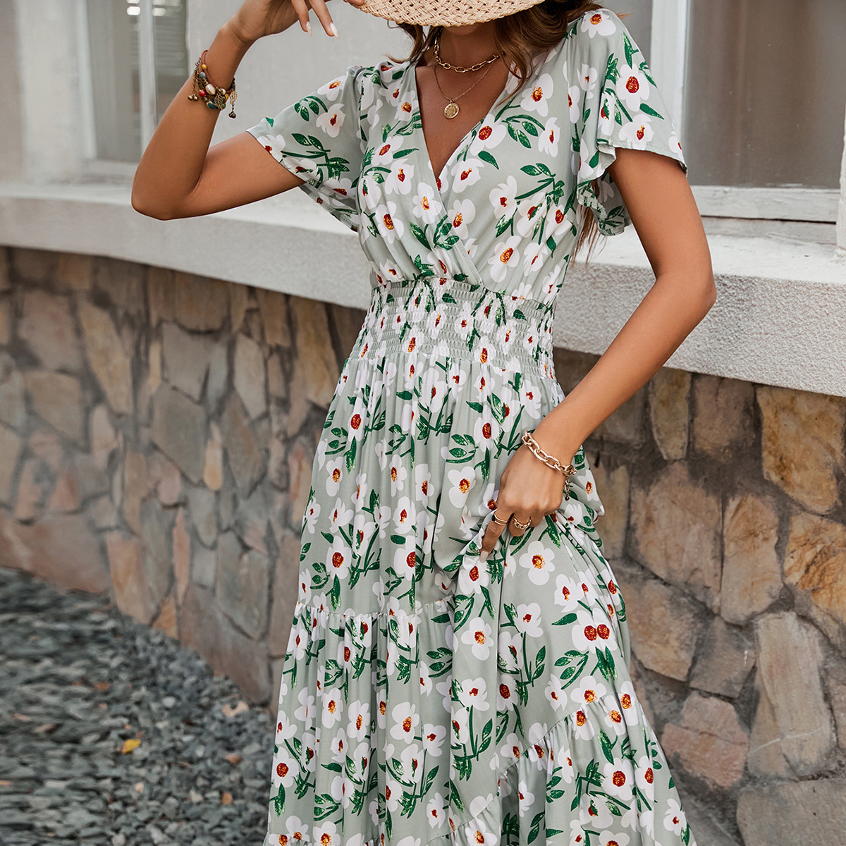 V-Neck Floral Print Tiered Maxi Dress with Smocked Waist