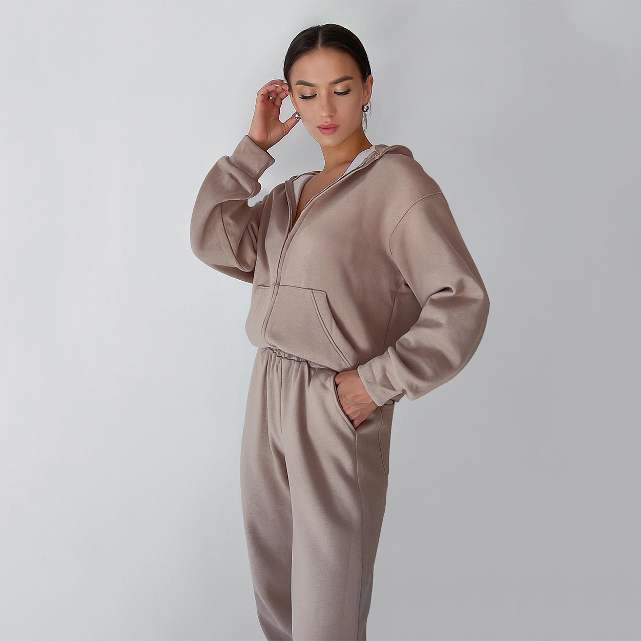 Women's Hooded Zip-Up Sweatsuit 2-Piece Set