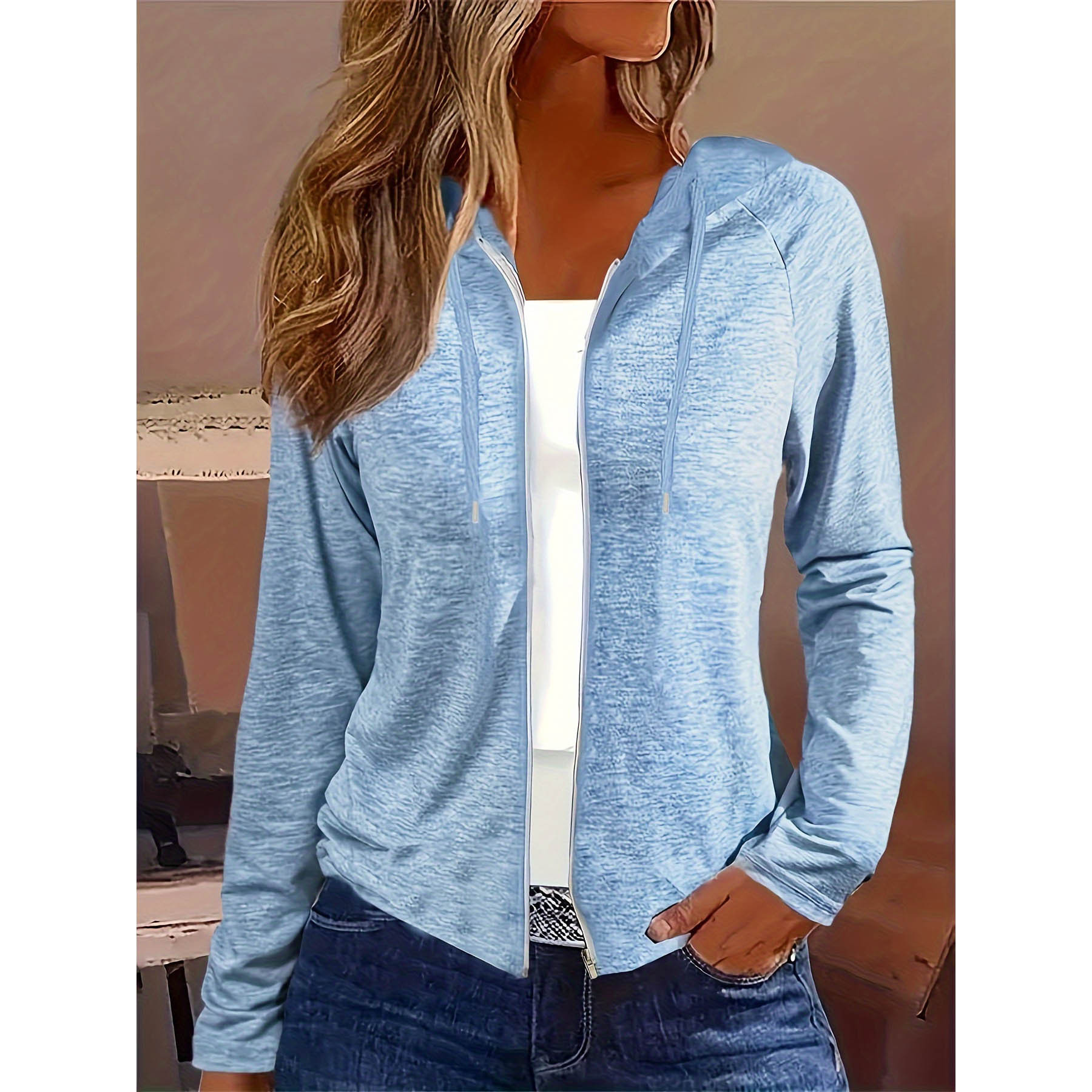 Women's Solid Zip-Up Hooded Cardigan Sweatshirt Long Sleeve Casual