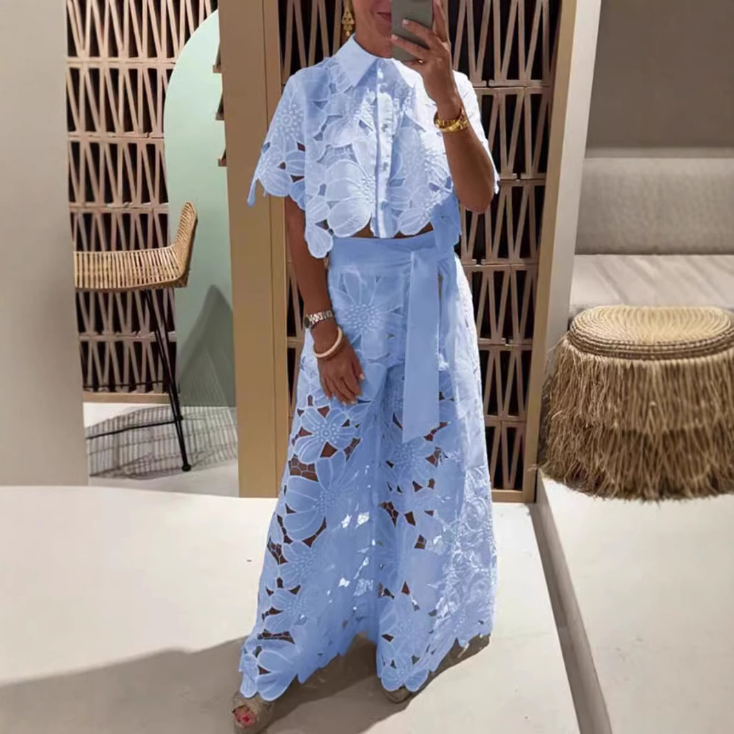 Women's Solid Color Cutout Cardigan and Wide-Leg Pants Two-Piece Set