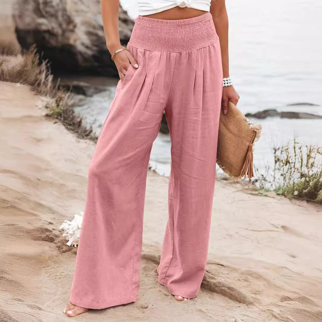 Women's Casual Cotton Distressed Mid-Rise Wide-Leg Pants