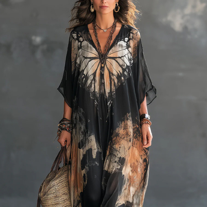 Digital Print Long Sleeve Loose Plus Size Casual Dress