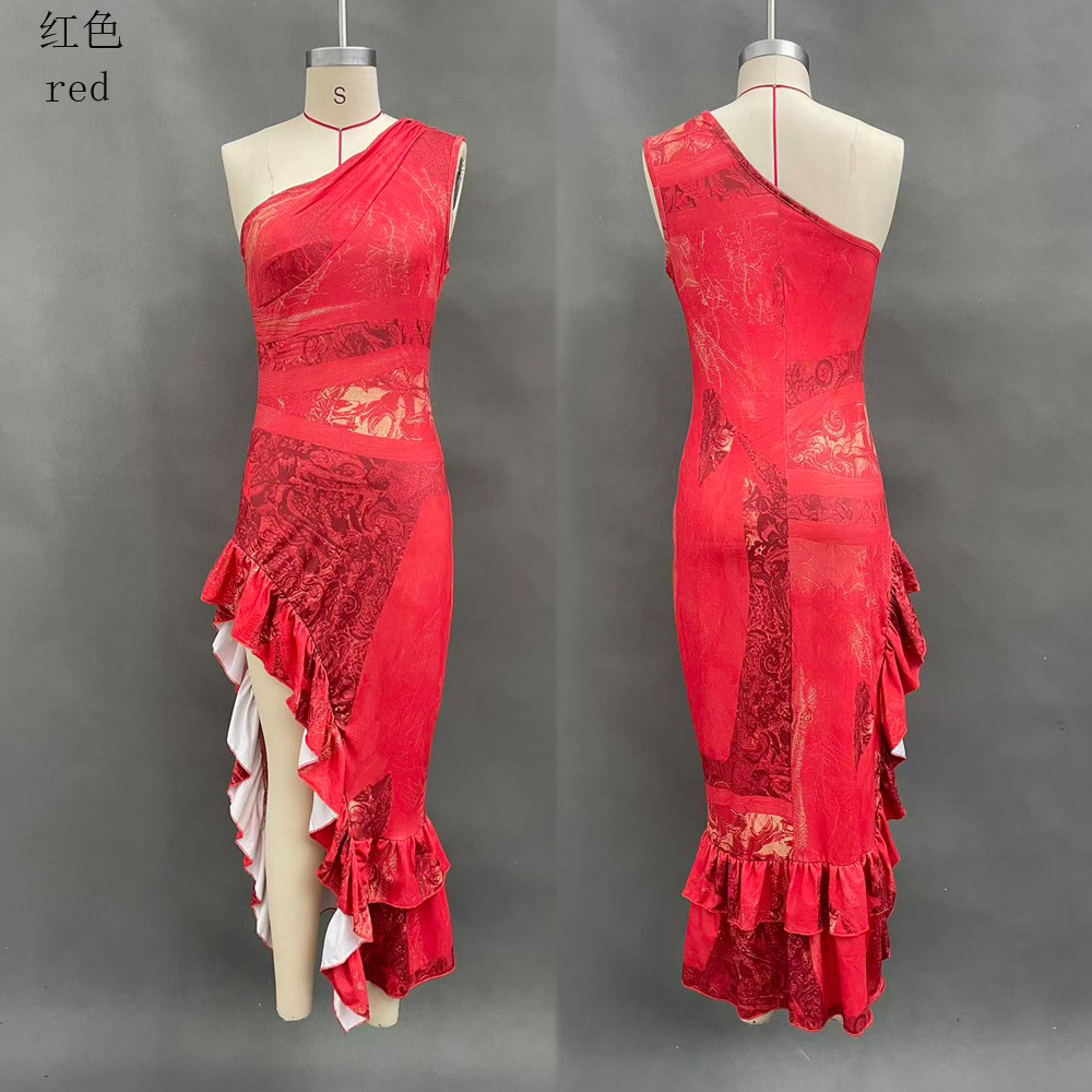 Retro Patchwork Print Asymmetric High Slit Bodycon Maxi Dress