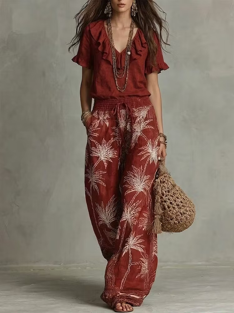 Ruffled V-Neck Short-Sleeve Printed Wide-Leg Pant Set