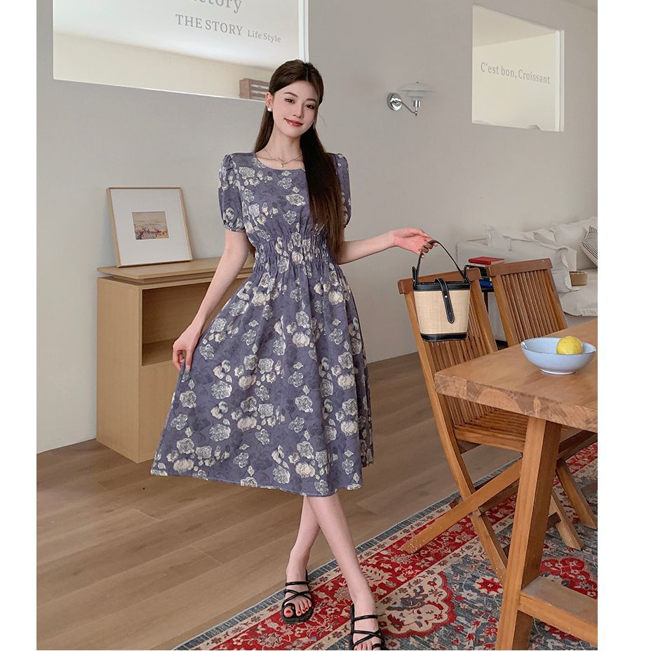 Women's French Style Purple Floral Midi Dress with Cinched Waist