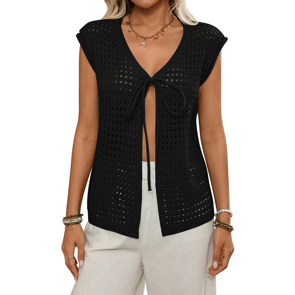 Women's Open Knit Short Sleeve Cardigan Tie-Front Hollow Out Cover-Up