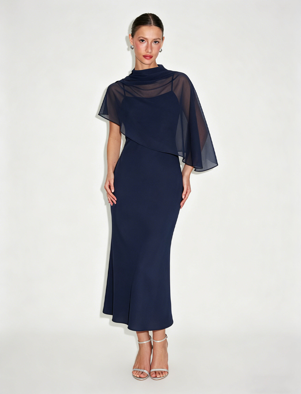 Light Luxury Cape-Style Chiffon Midi Dress Slimming Sleeveless