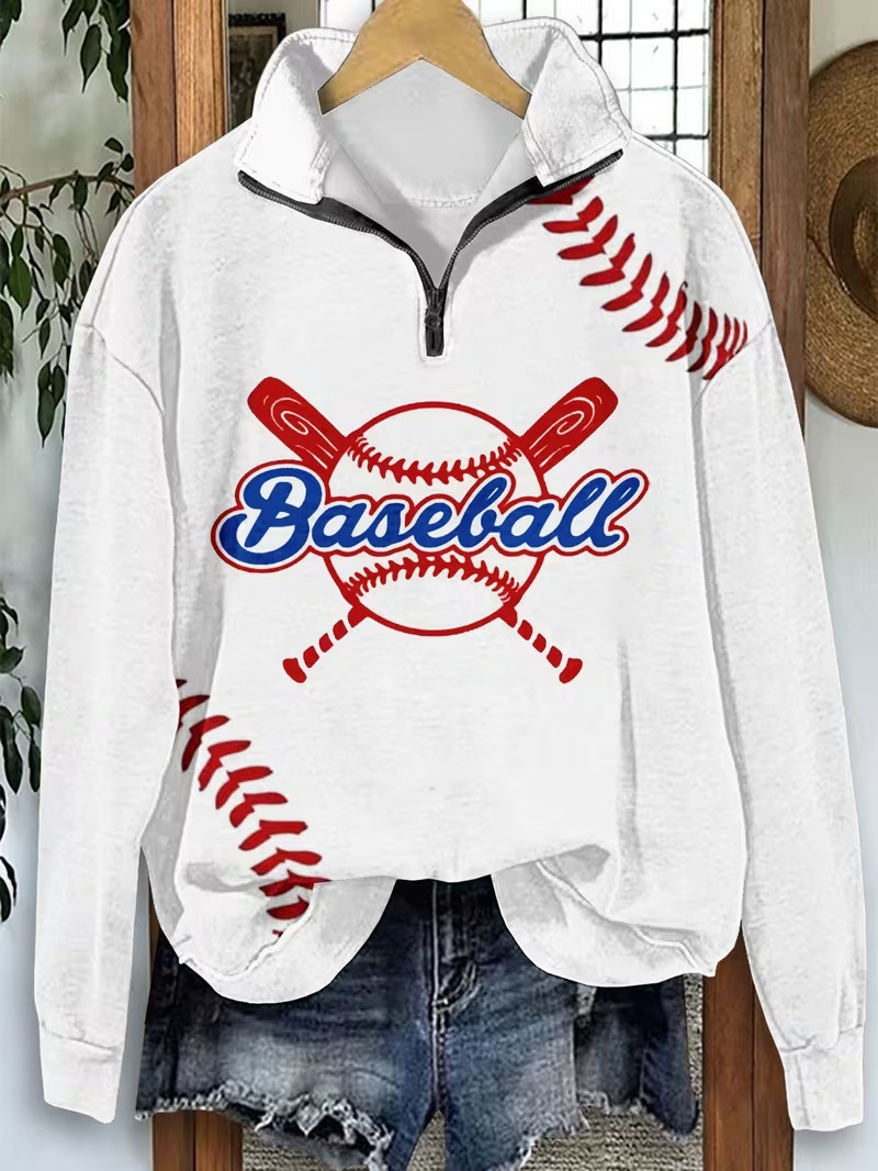 Women's Half-Zip Baseball Letter Print Hoodie