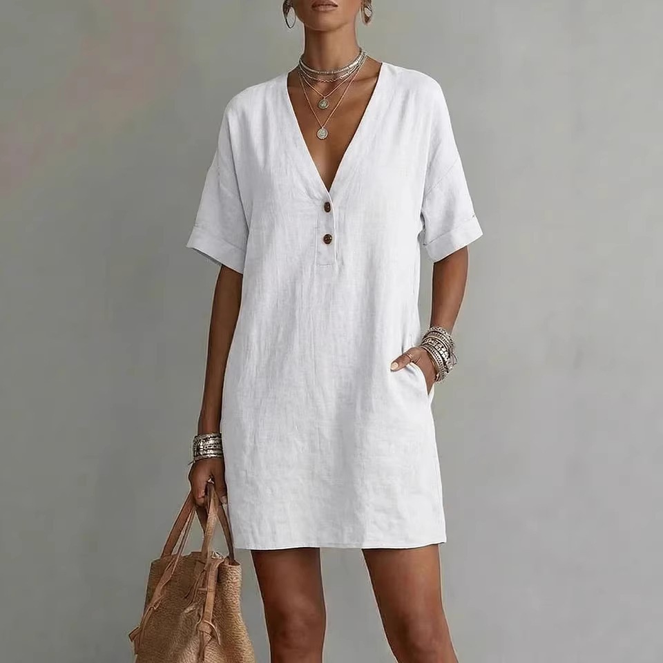 V-Neck Short Sleeve Loose Casual Midi Dress Half-Button A-Line