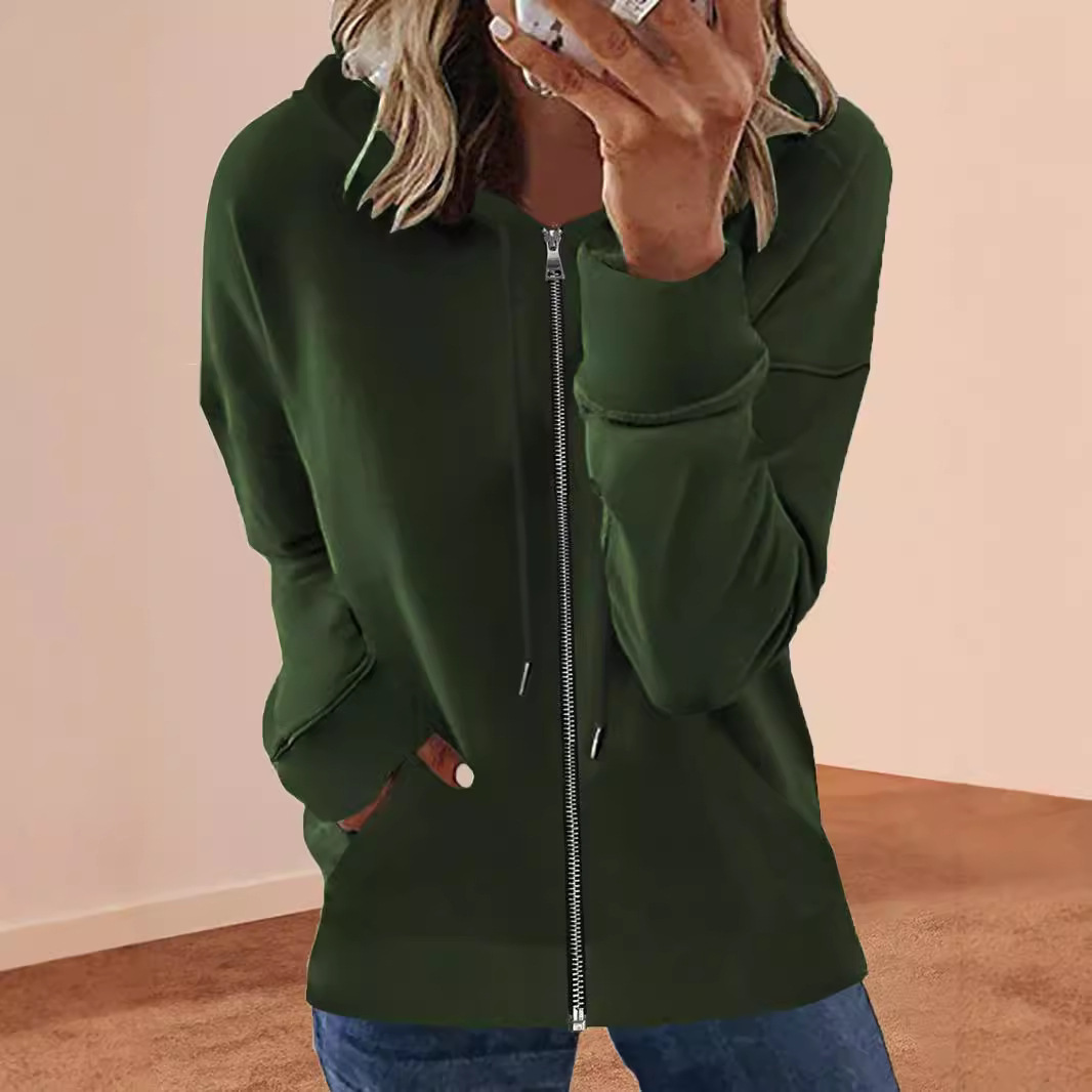 Zip-Up Hooded Cardigan Casual Solid Color