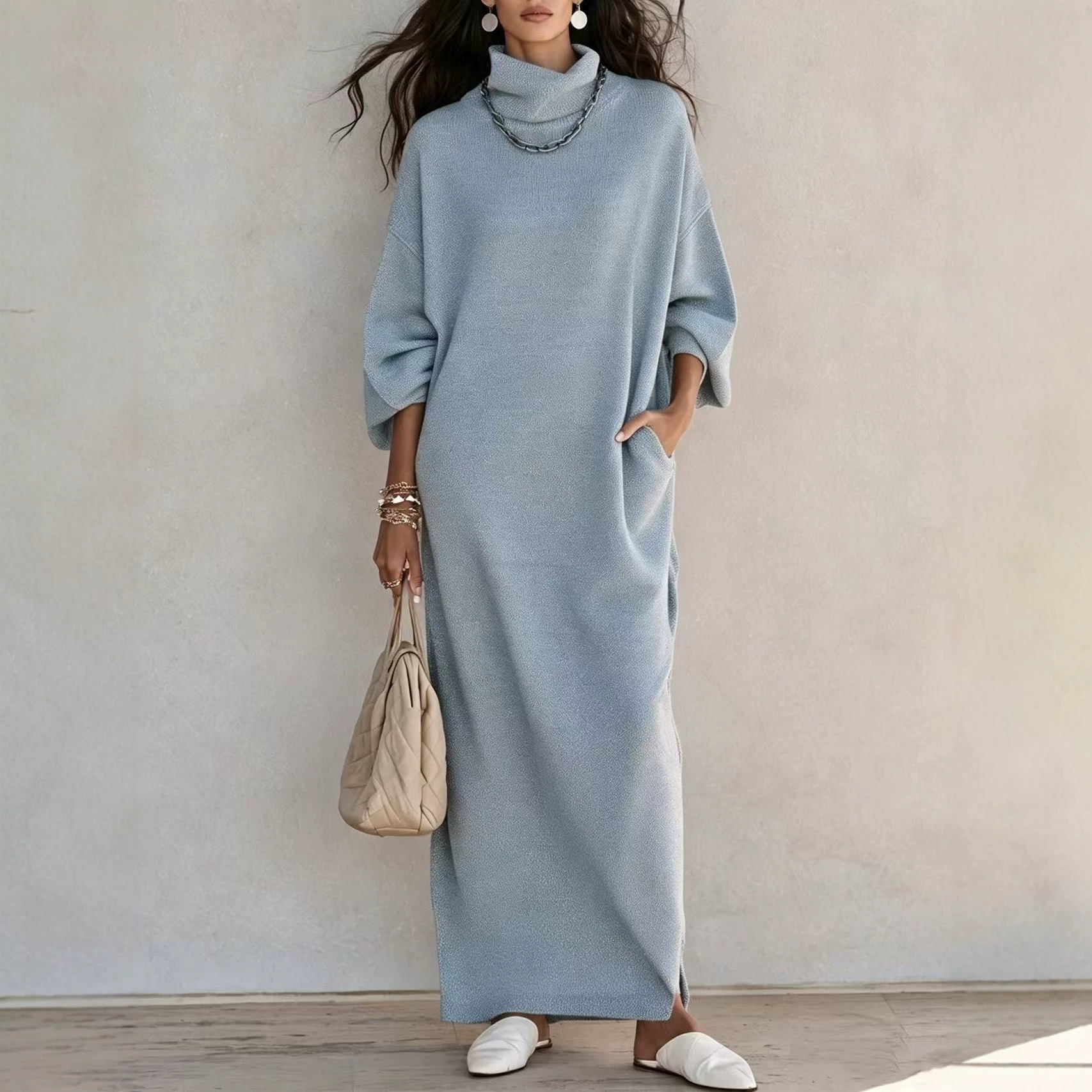 Solid Color Long Sleeve Split Hem A-Line Dress