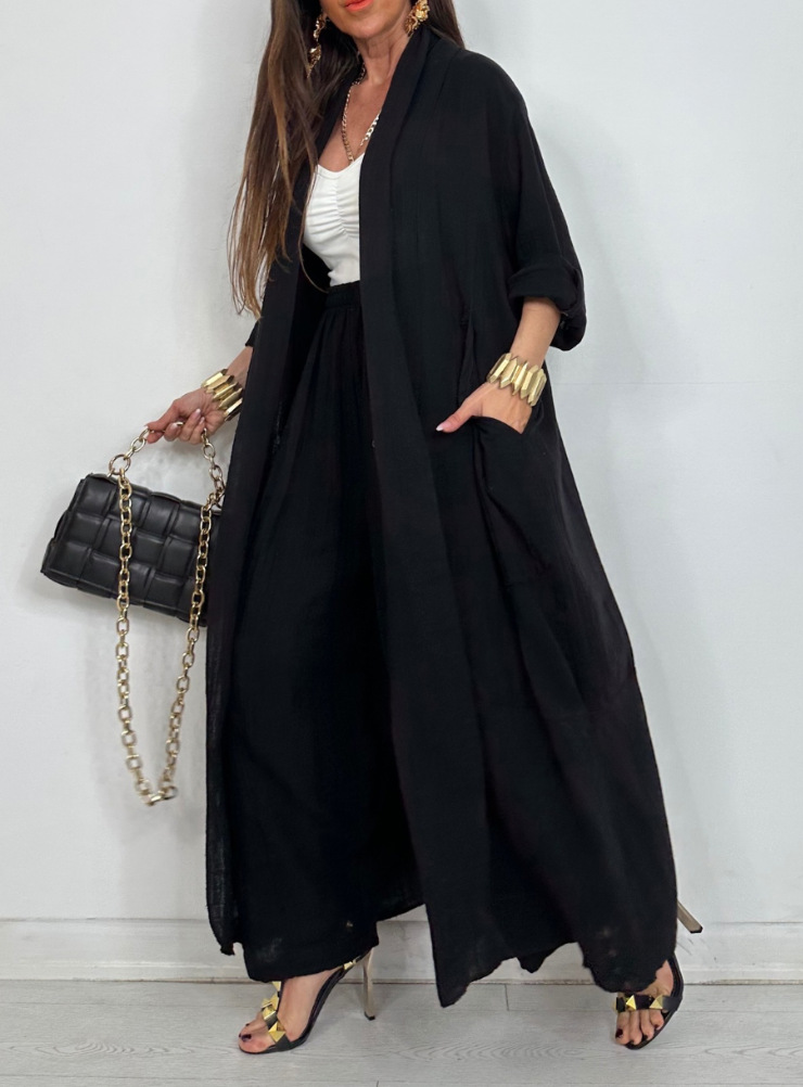 Women's Solid Color Open-Front Long Cardigan Shirt Casual Set