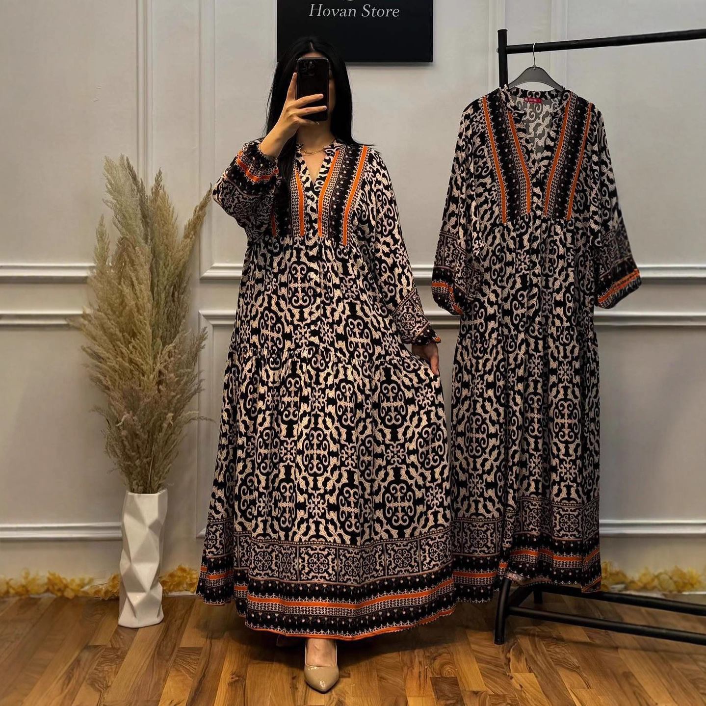 Plus Size V-Neck Floral Long Sleeve A-Line Maxi Dress
