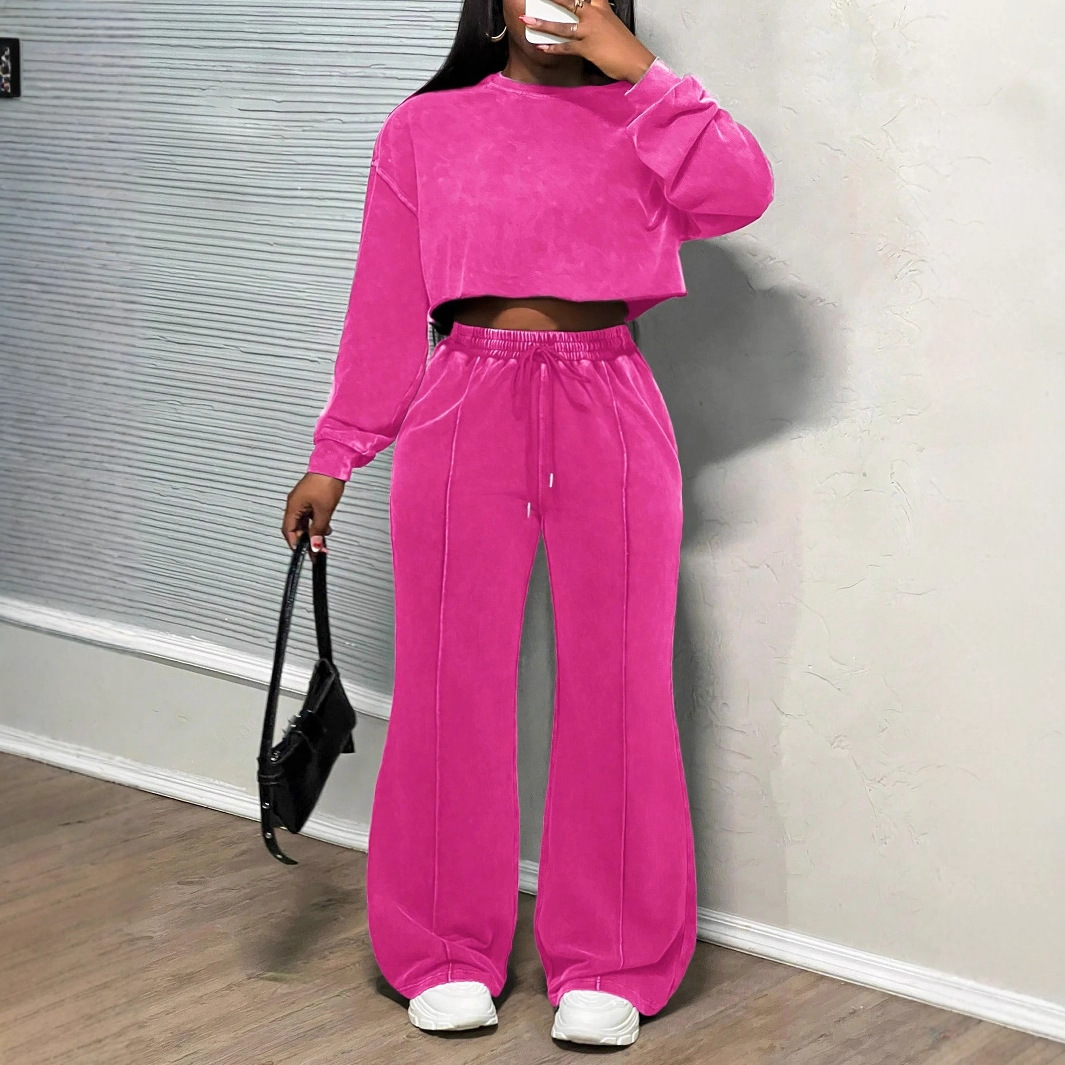 Women's Long-Sleeve Washed Zip-Up Sweatsuit Set