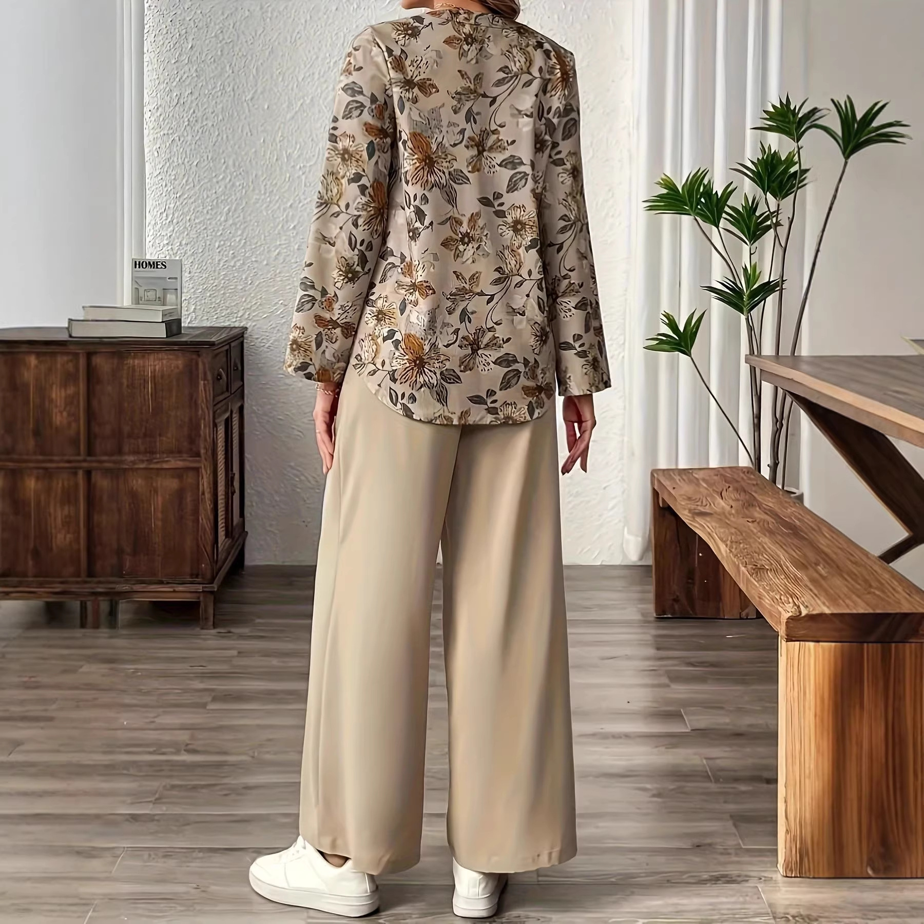 Khaki Floral Print High-Waist Wide-Leg Shirt and Pants Set
