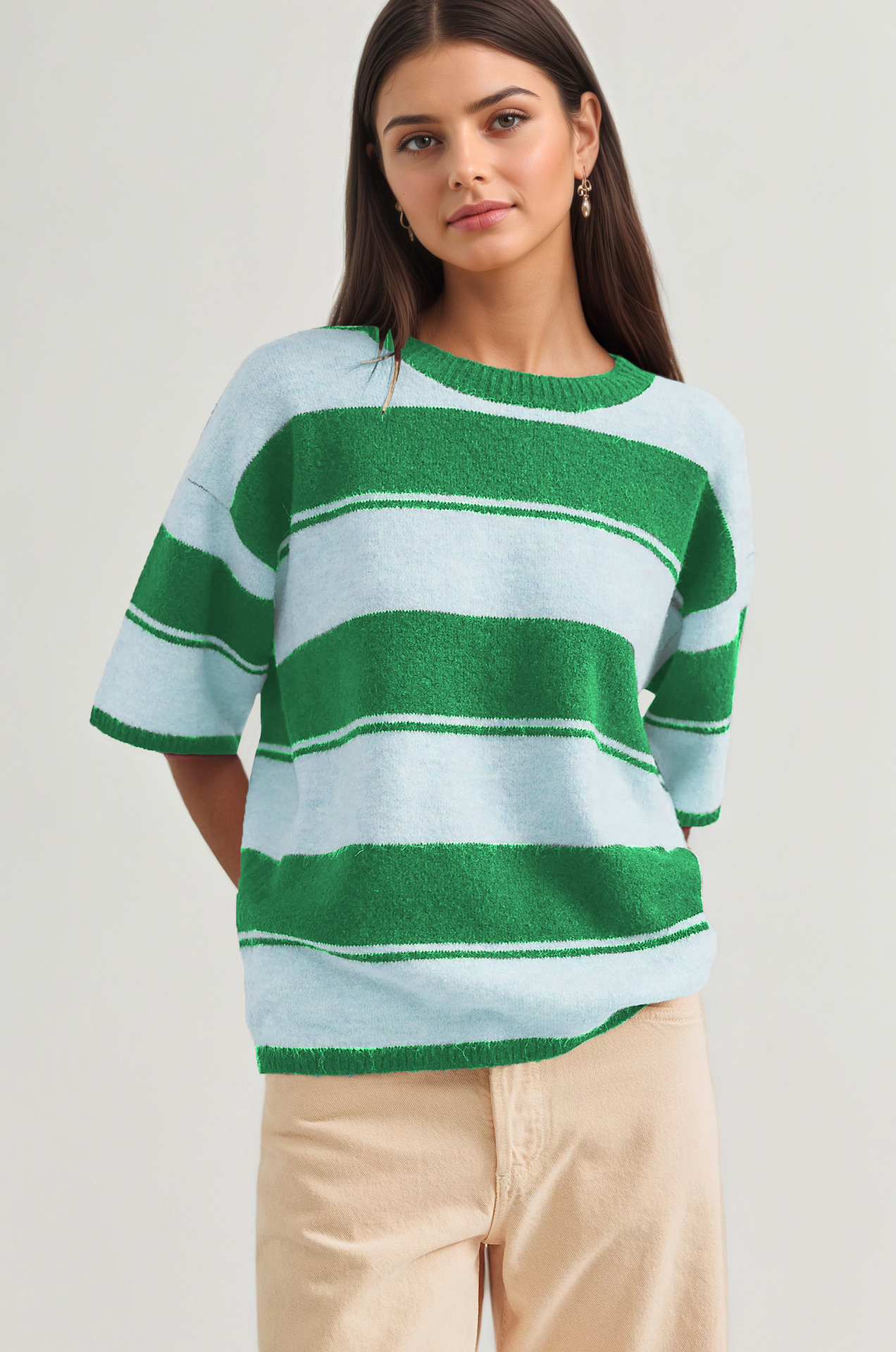 Striped Crewneck Knit Sweater Loose Fit Colorblock Pullover