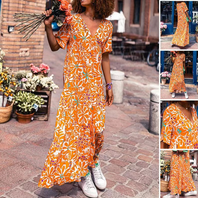 V-Neck Long A-Line Dress with Floral Print and Pleated Details