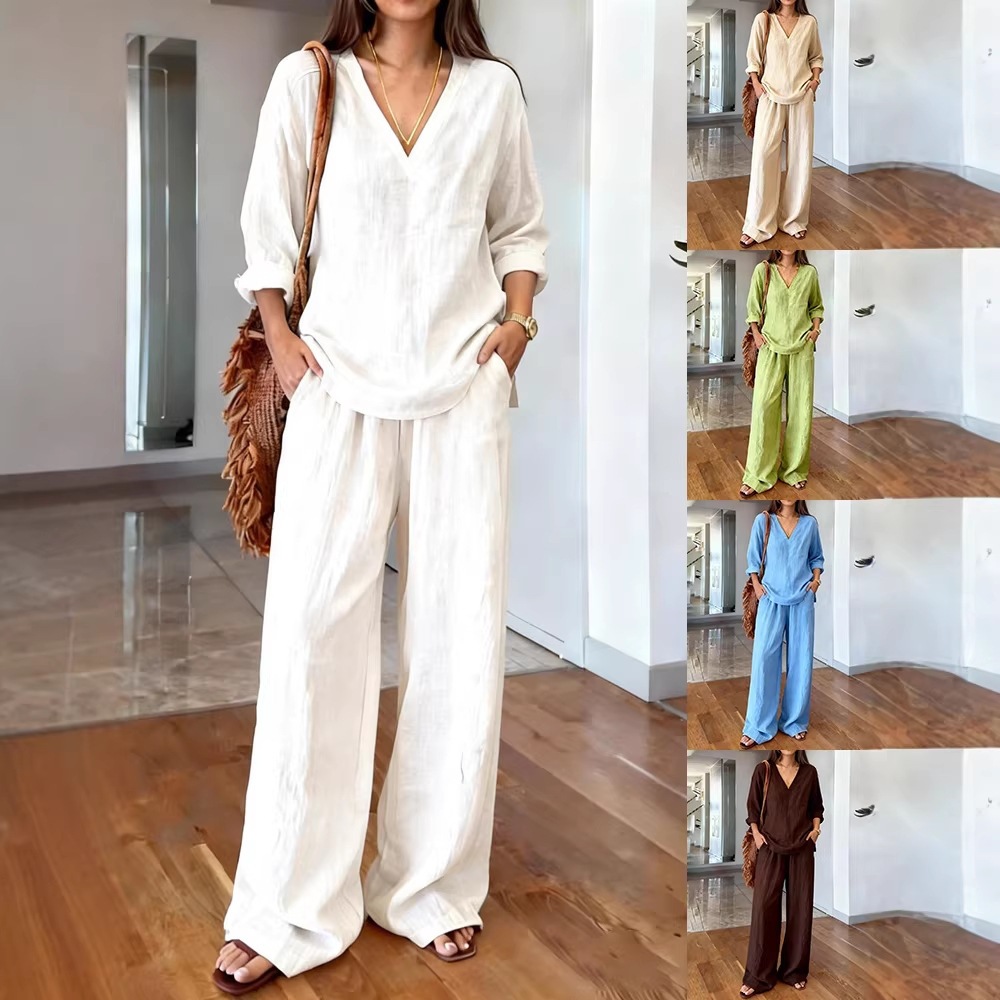Women's Casual V-Neck Long Sleeve Top and Straight-Leg Pants Set Washed Cotton Multi-Color