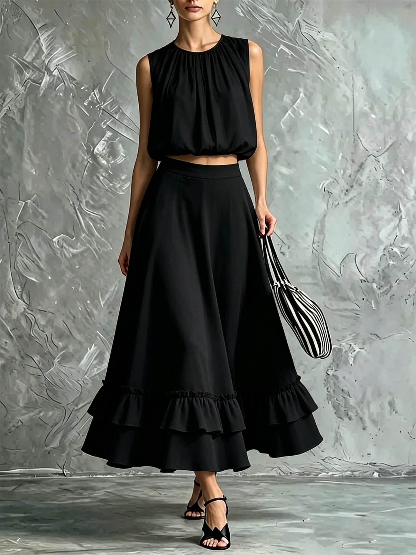Women's Sleeveless Round Neck Top and Ruffle Hem Maxi Skirt Set