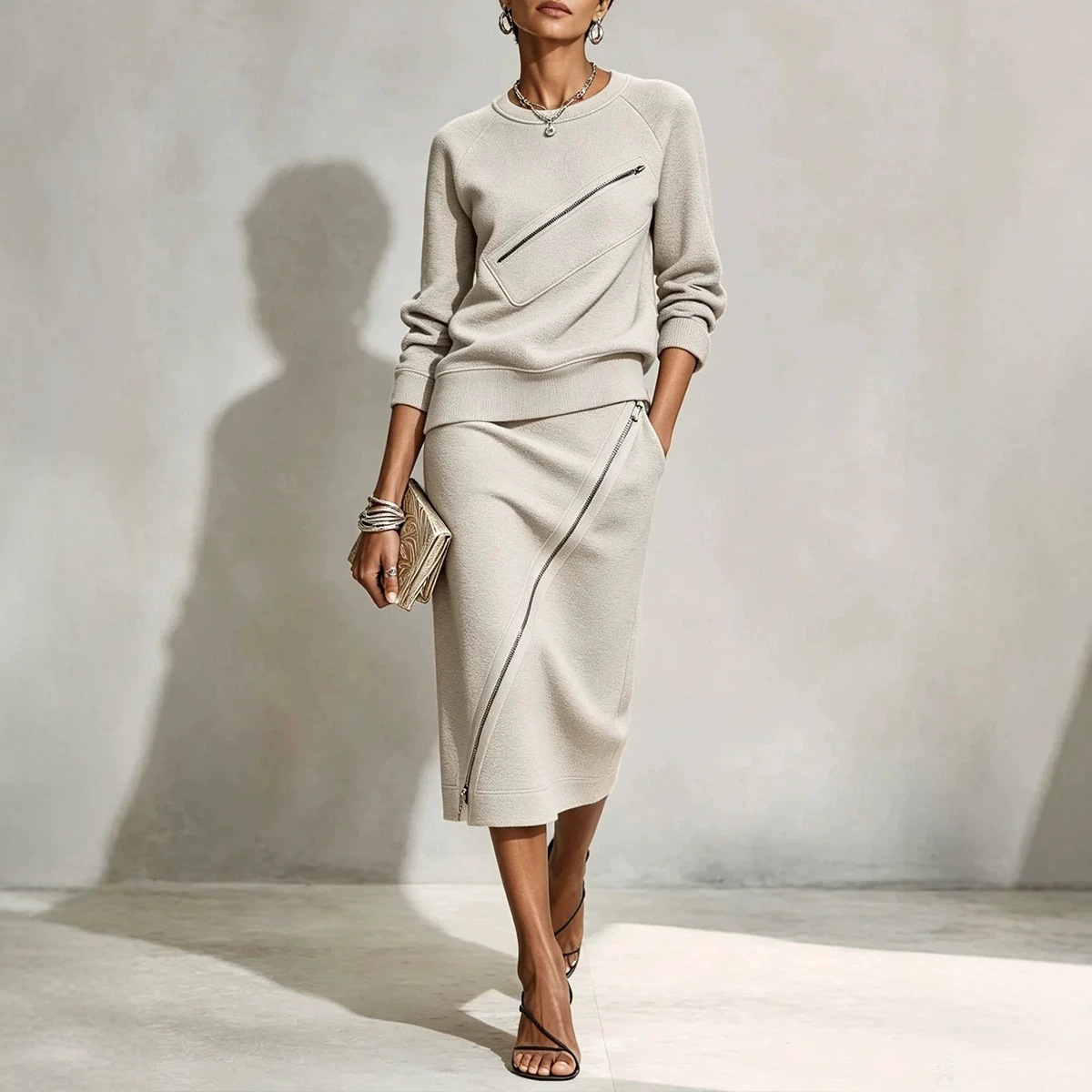Women's Solid Color Zip Skirt and T-Shirt Two-Piece Set