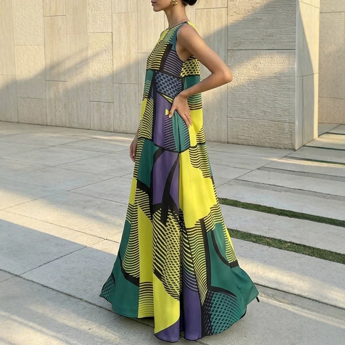 Colorblock Geometric Striped Print Sleeveless Maxi Dress