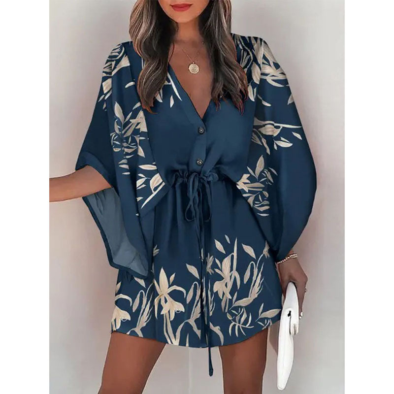 Women's Summer V-Neck Tie-Front Floral Print Patchwork Beach Dress