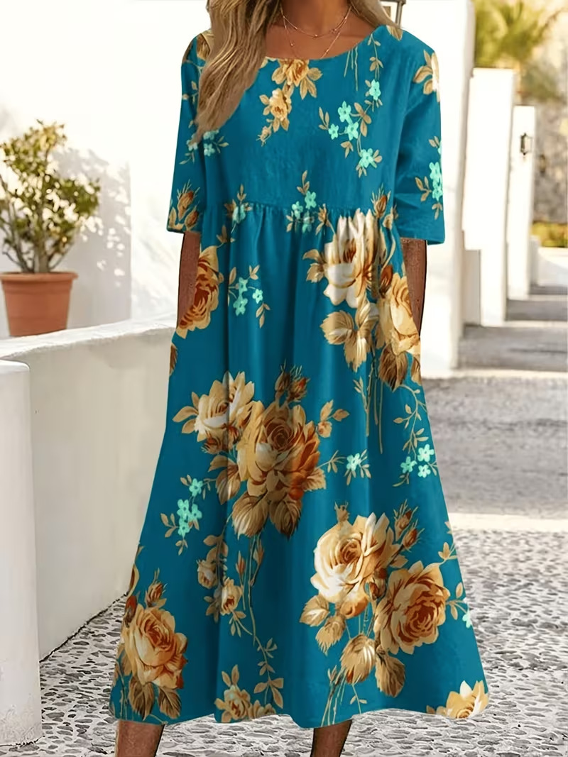 Women's Floral Print Ruched Midi Dress Casual Vacation Pullover
