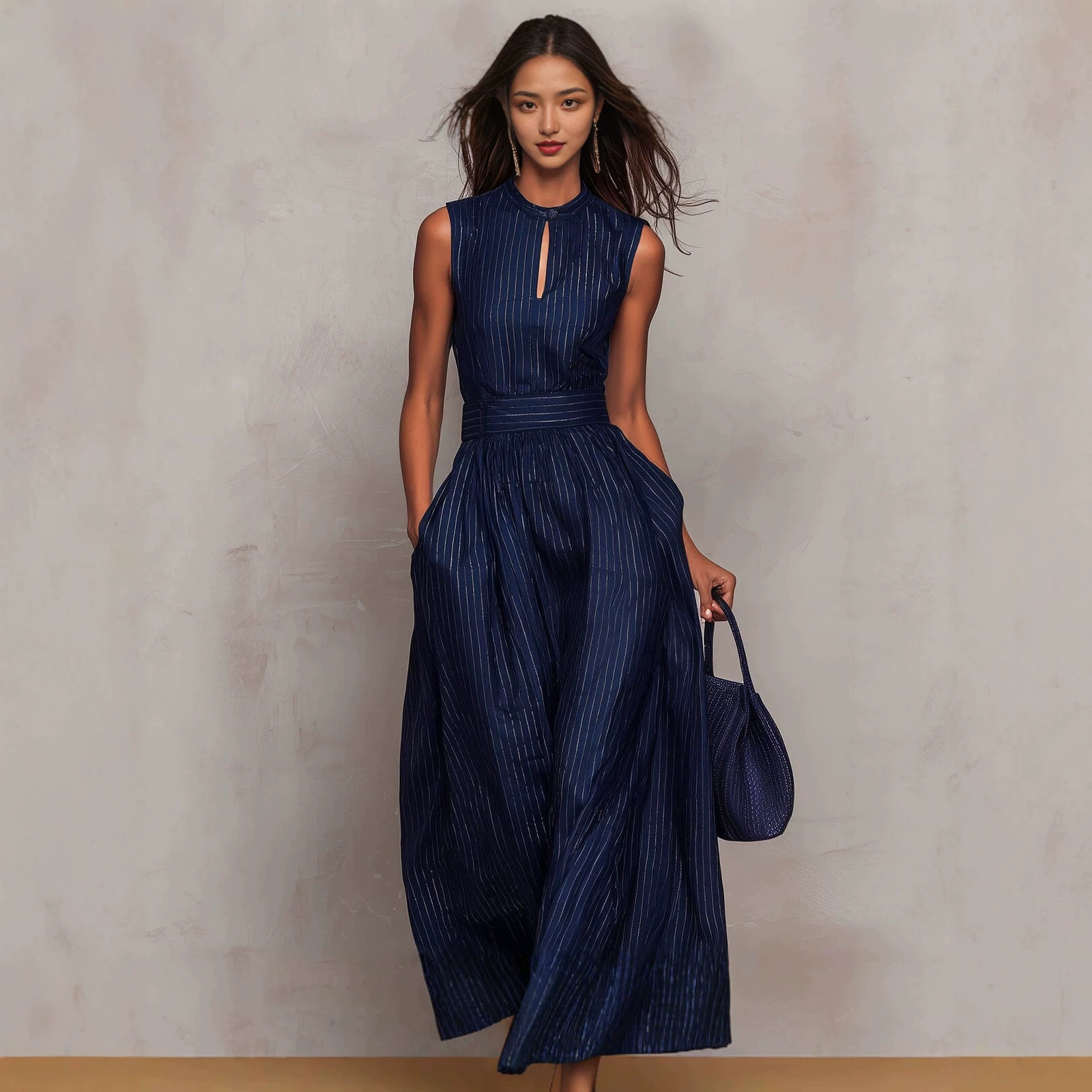 Deep Blue Striped Wide-Leg Sleeveless Jumpsuit