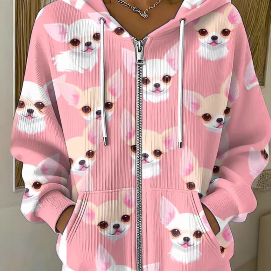 Women's Cute Puppy Print Hoodie Long Sleeve Zip-Up
