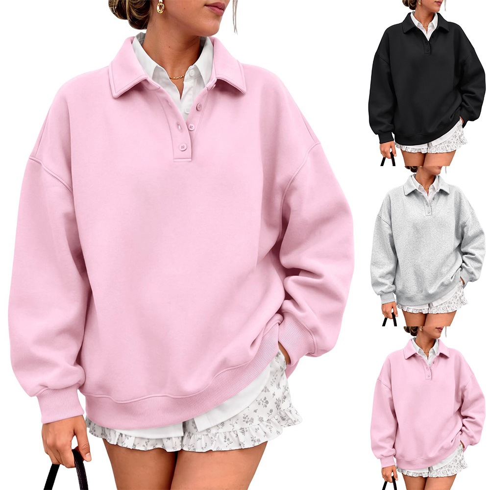 Women's Fleece-Lined Polo Neck Pullover Sweatshirt
