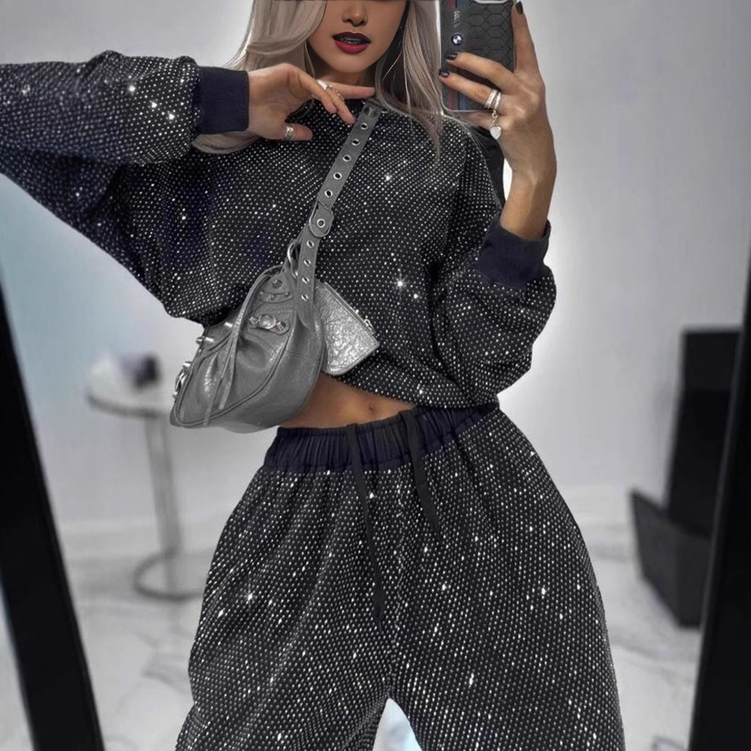 Women's Starry Print Long Sleeve Crewneck Loose Top & Drawstring Wide-Leg Two-Piece Set