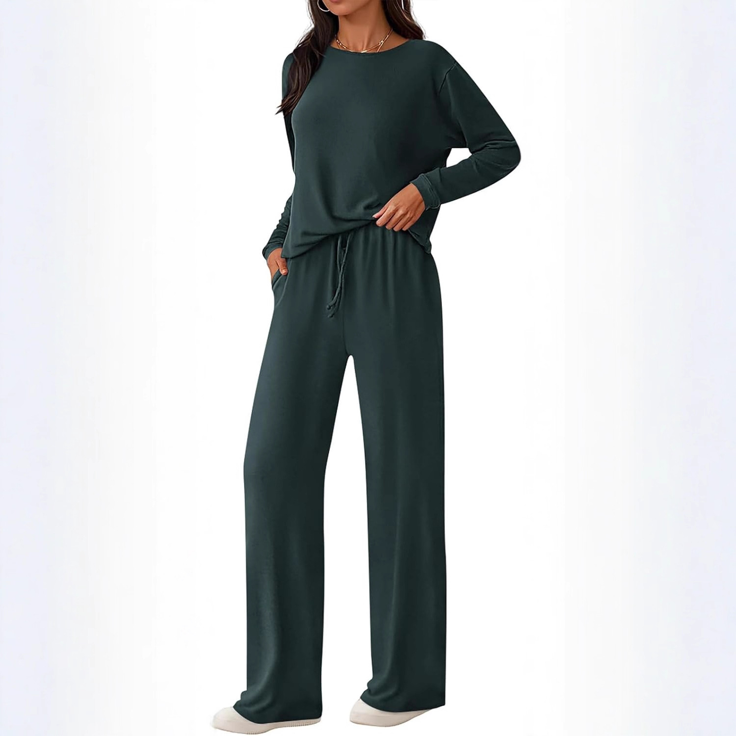 Women's 2-Piece Long Sleeve Crewneck Wide-Leg Lounge Set with Pockets