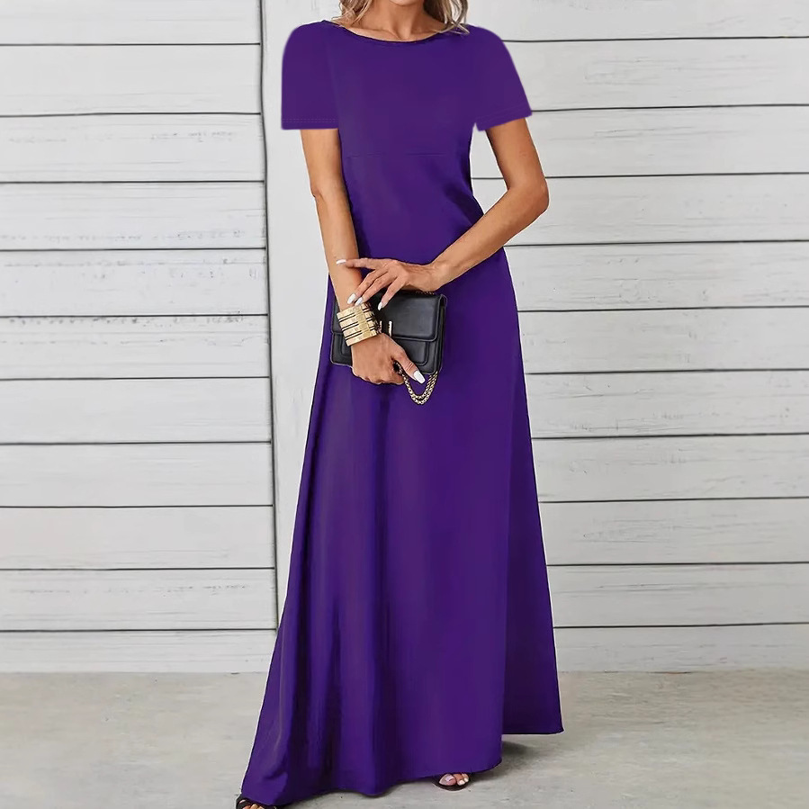 Women's Slim Fit Soft Crew Neck Solid Short Sleeve A-Line Dress