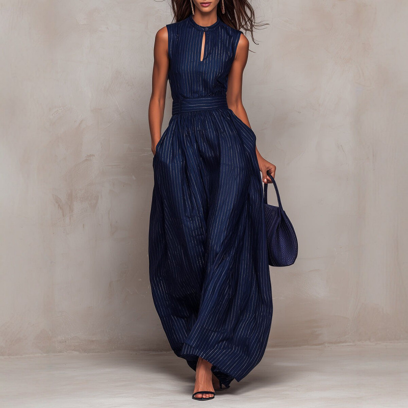 Navy Striped Sleeveless Wide-Leg Jumpsuit with Waist Cinch