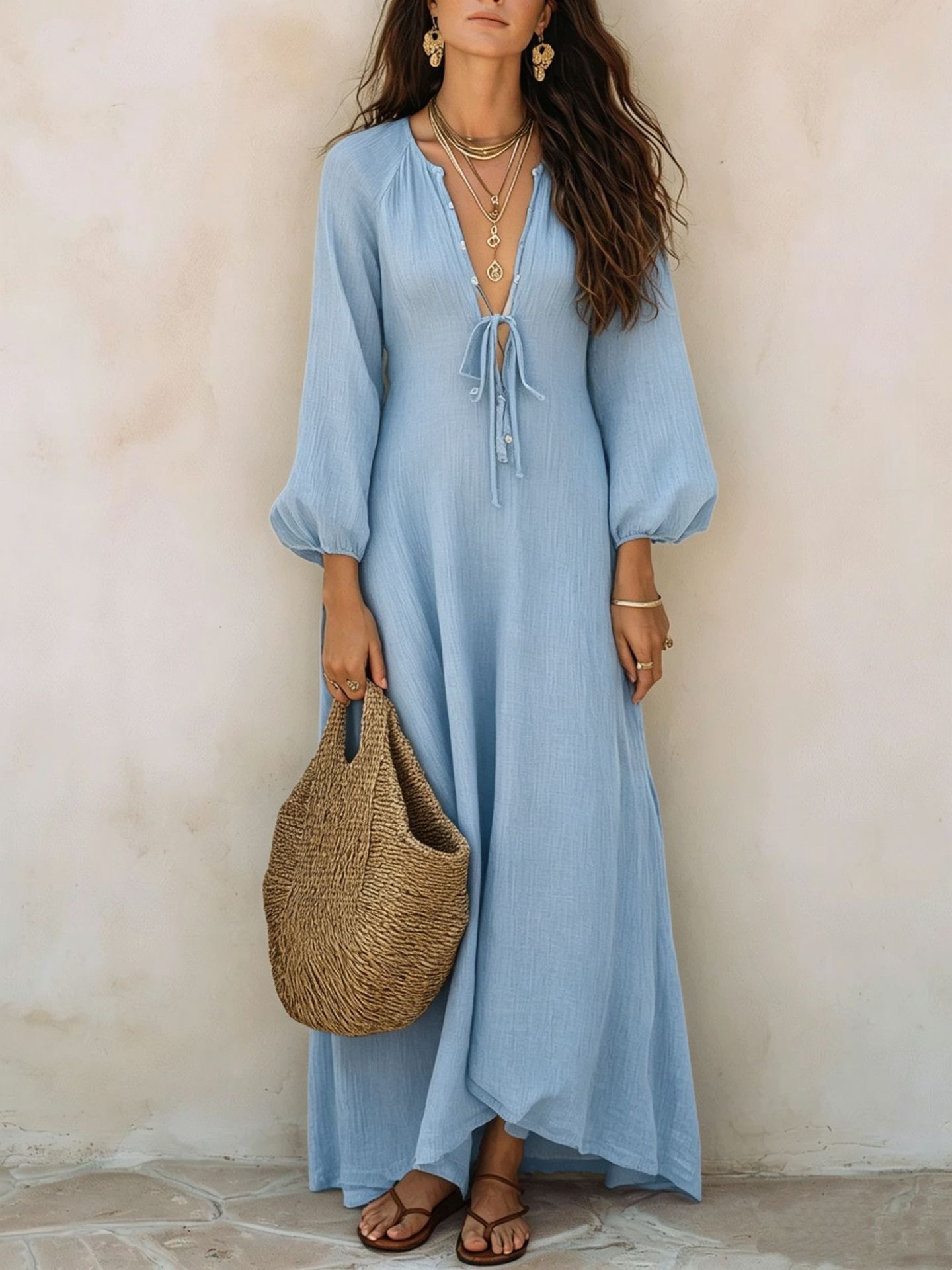 Deep V-Neck Tie-Front Textured Bubble Sleeve Boho Maxi Dress