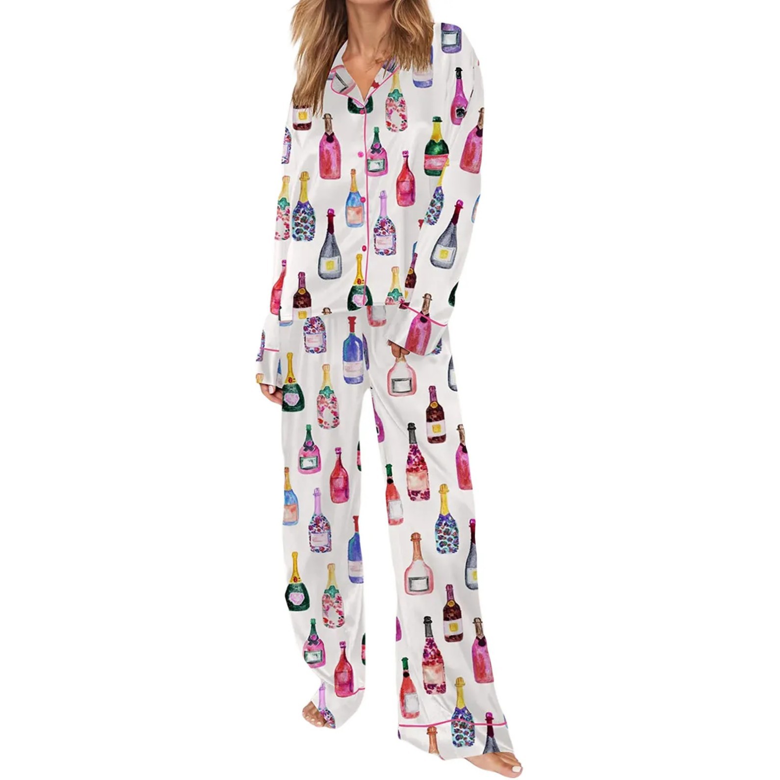 Women's Cuban Collar Long Sleeve Lounge Set with Wine Glass Print