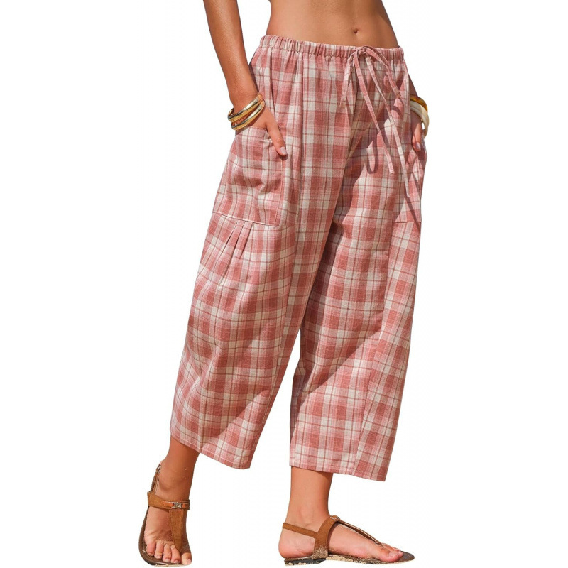 Linen-Blend Plaid Wide-Leg Cropped Pants with Pockets