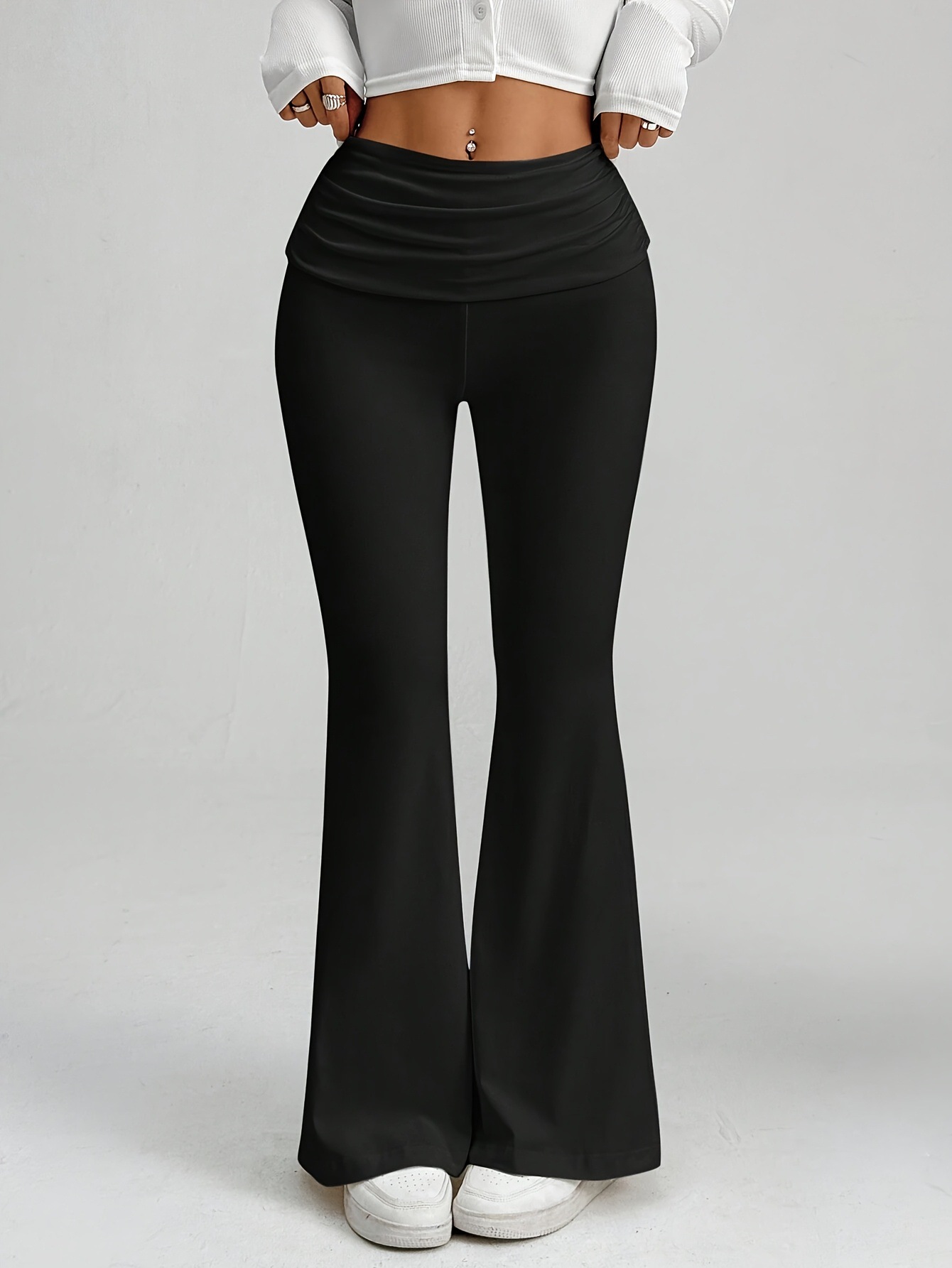 Low-Rise Fold-Over Waist Flare Pants High-Stretch Bodycon