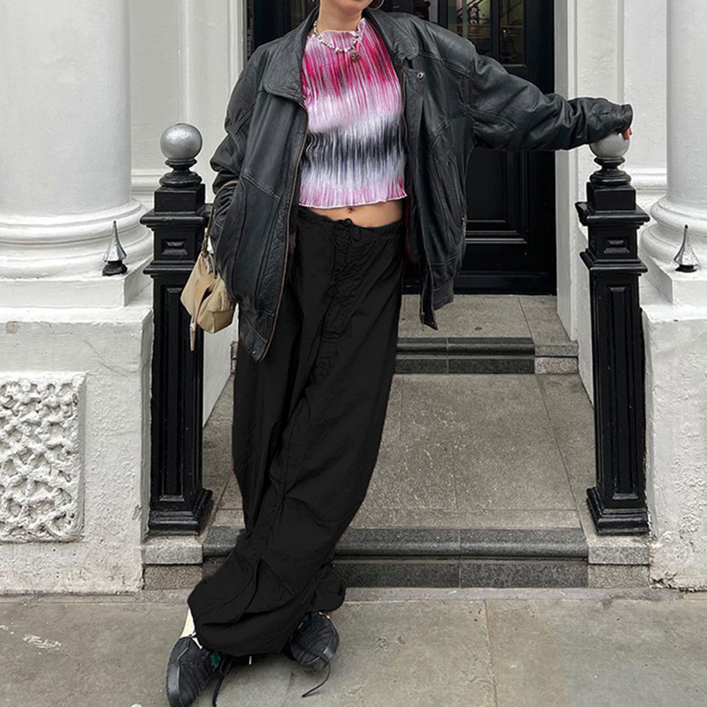 Women's Low-Rise Wide-Leg Cargo Pants with Drawstring