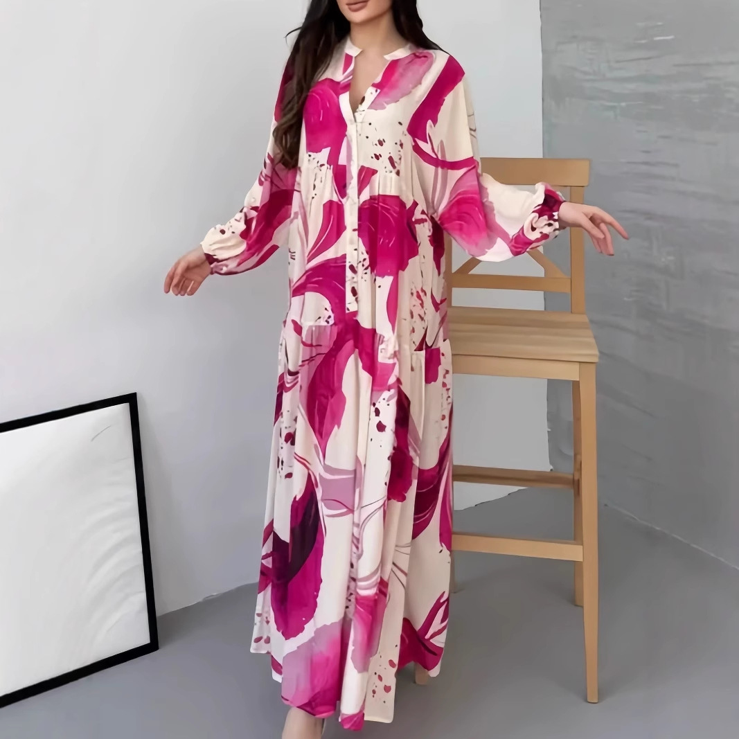 Printed V-Neck Long-Sleeve Loose Casual Maxi Dress