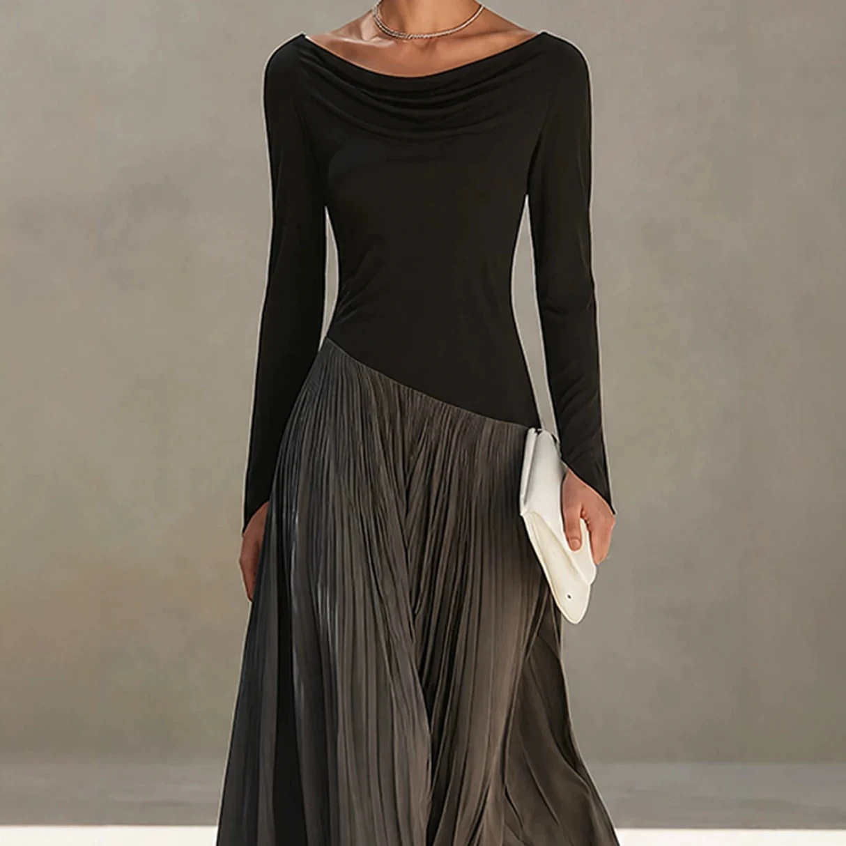 Color-Block Draped Neck Long-Sleeve Maxi Dress with Pleated Flared Skirt