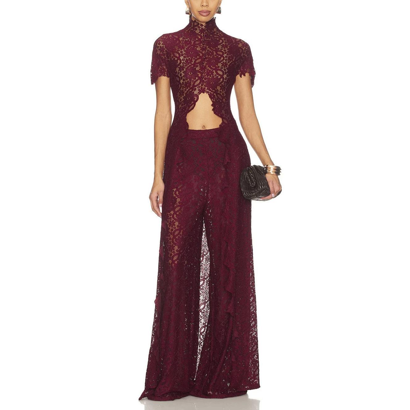 Lace Solid Color Dress Set with Cutout Round Neck and Front Slit