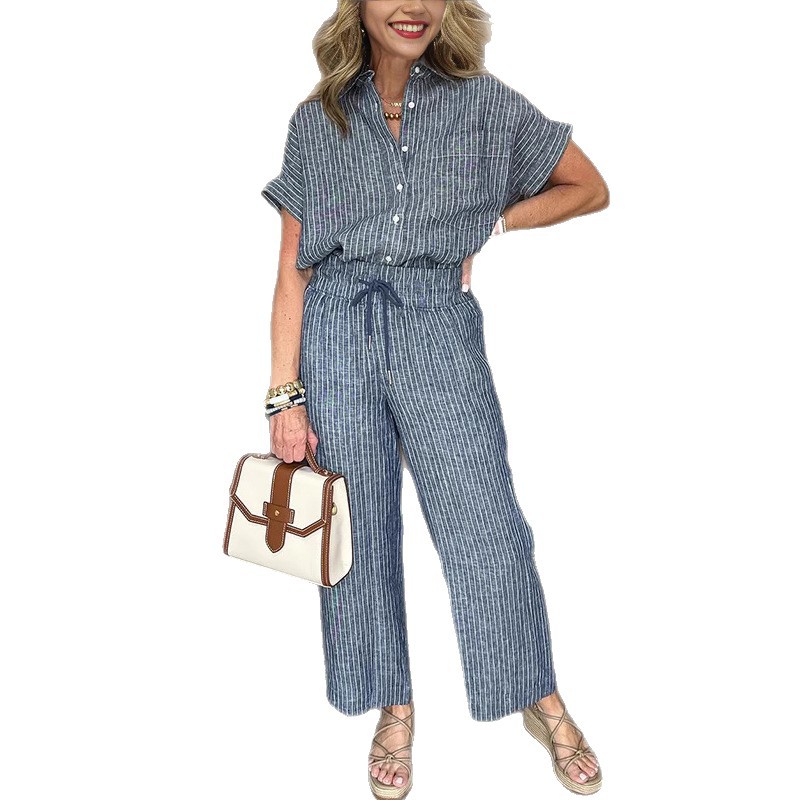Women's Striped Two-Piece Set with Collared Short Sleeve Top and Straight-Leg Pants