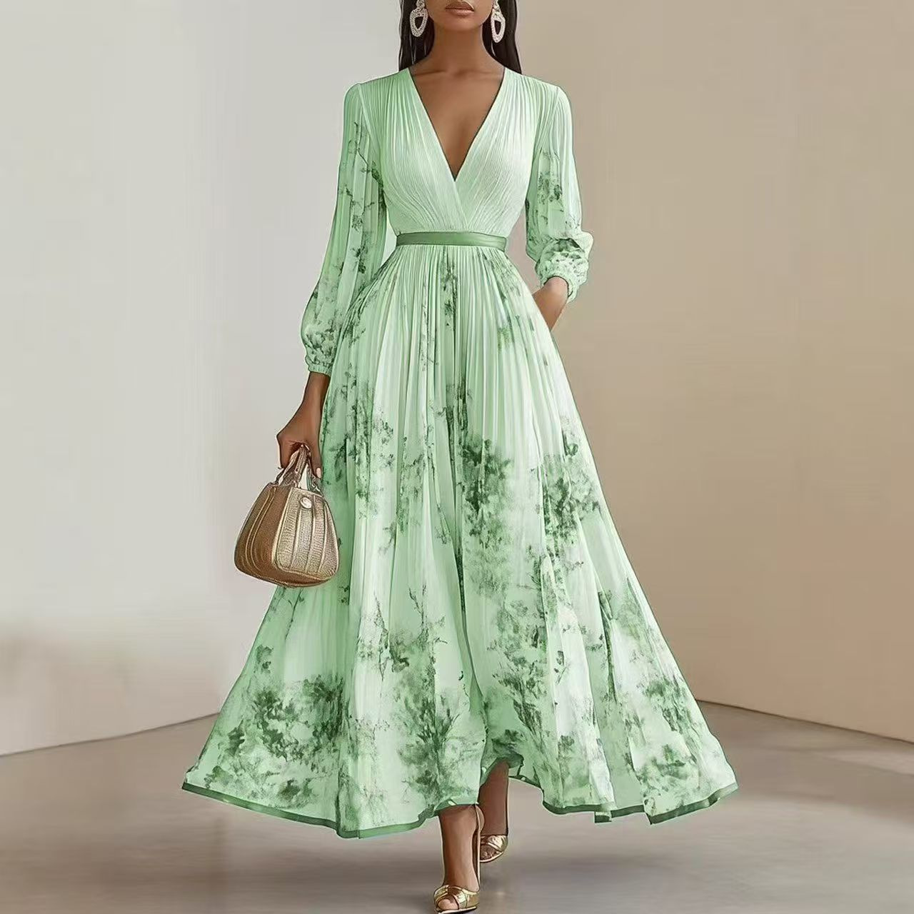 Elegant Floral Print V-Neck Waist-Cinching French Dress