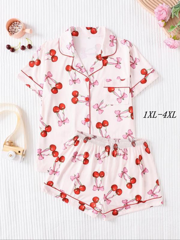 Women's Cuban Collar Rabbit Print Two-Piece Set with Ribbon
