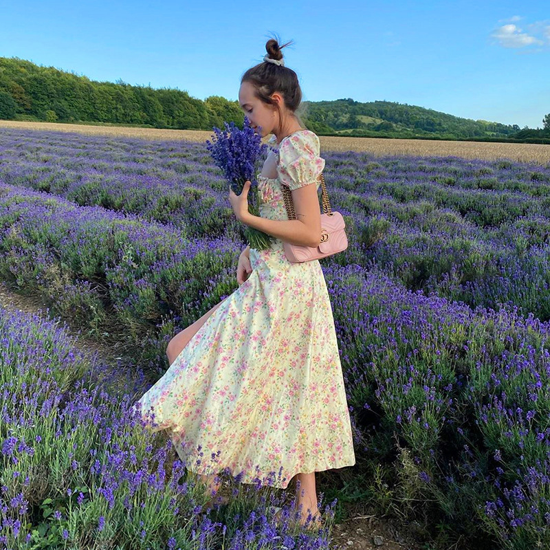 Women's Long French Floral Dress with Square Neck and Short Sleeves