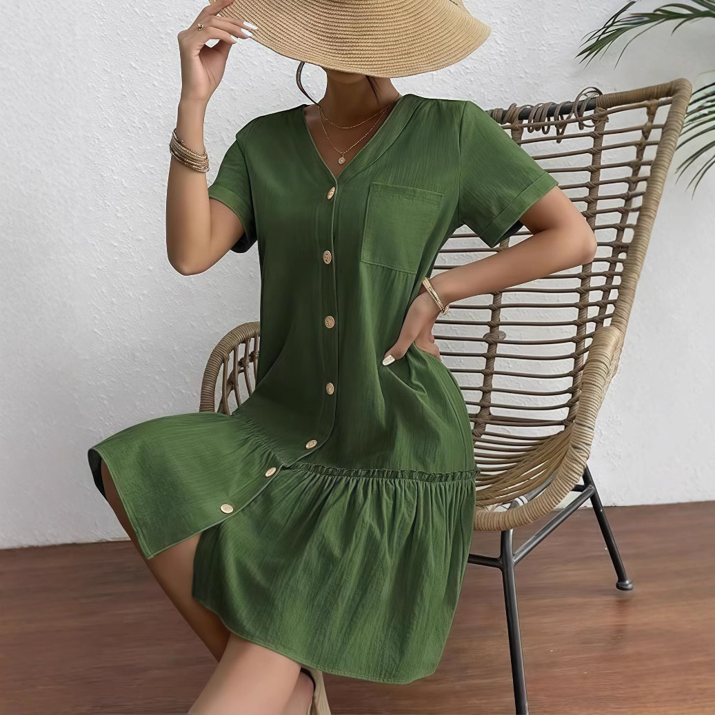Women's Button-Front Cotton-Linen Midi Dress with Ruffle Hem and Short Sleeves