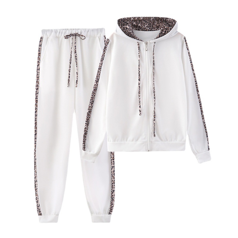 Women's Leopard Print Zip-Up Hoodie and Pants Two-Piece Set
