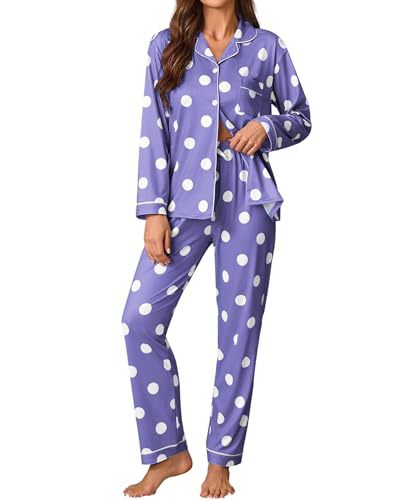 Women's Cuban Collar Polka Dot Print Long Sleeve Button Loungewear Set
