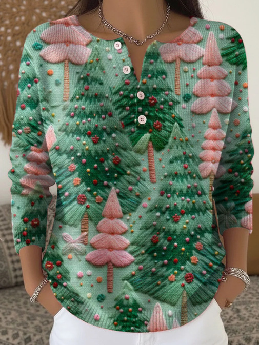 Women's Christmas Dinosaur Forest Print Button Sweatshirt
